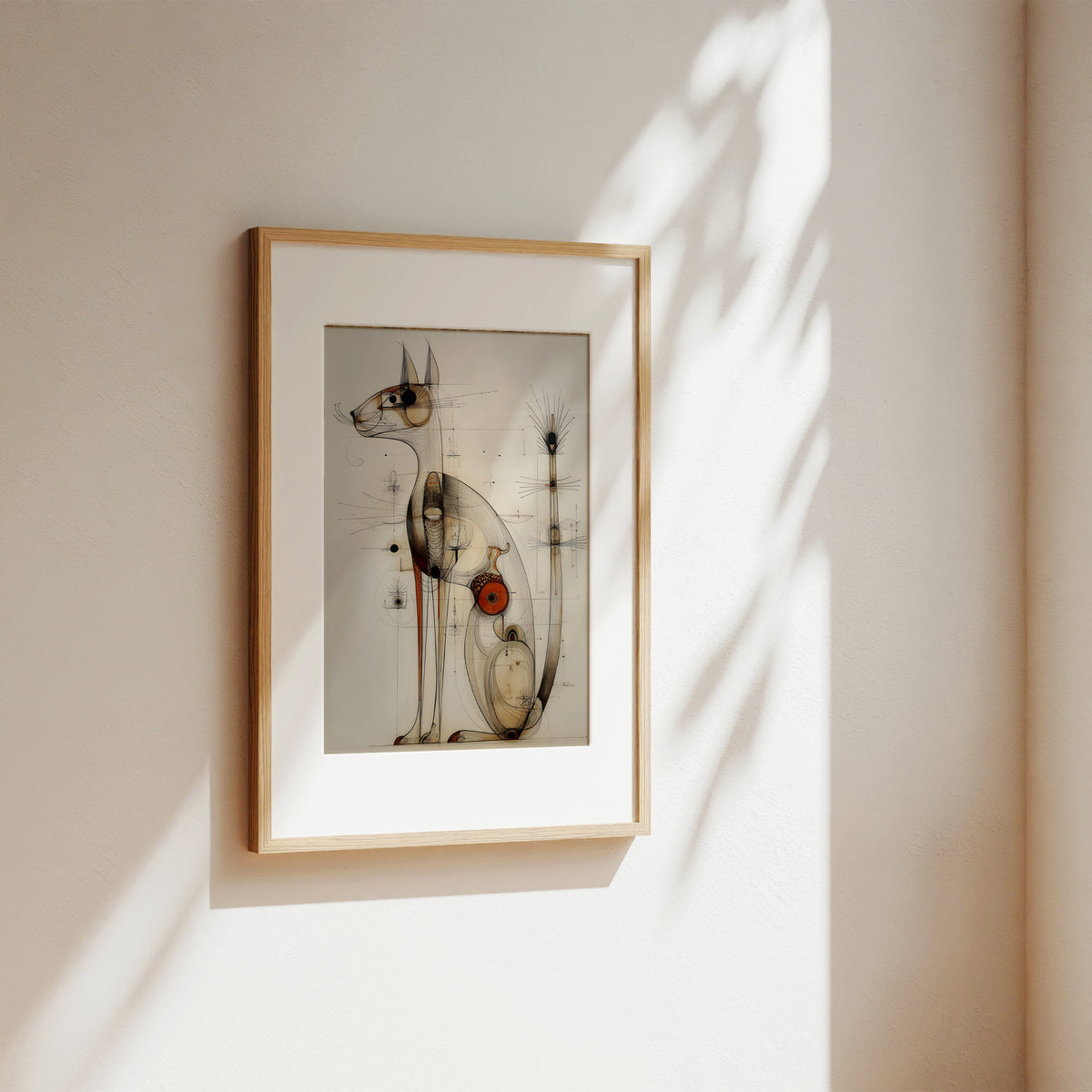 A framed abstract art print featuring a stylized cat in black, gray, and beige tones with a small red accent, displayed on a warm beige wall with soft sunlight and leaf shadows.