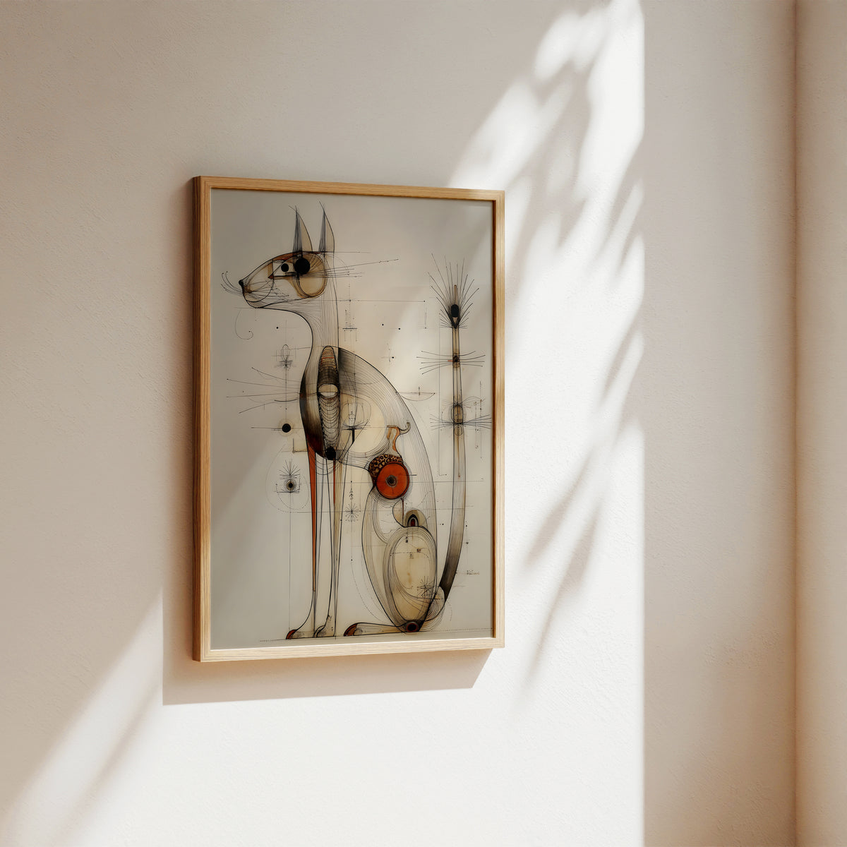 A framed abstract art print of a cat, styled on a warm beige wall with soft sunlight and leaf shadows.