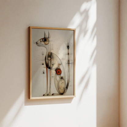 A framed abstract art print of a cat, styled on a warm beige wall with soft sunlight and leaf shadows.
