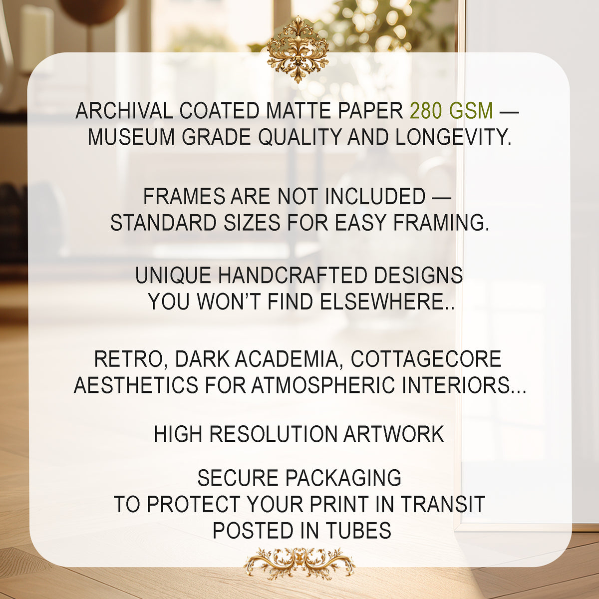 Text overlay on a blurred background with product details about archival coated matte paper.