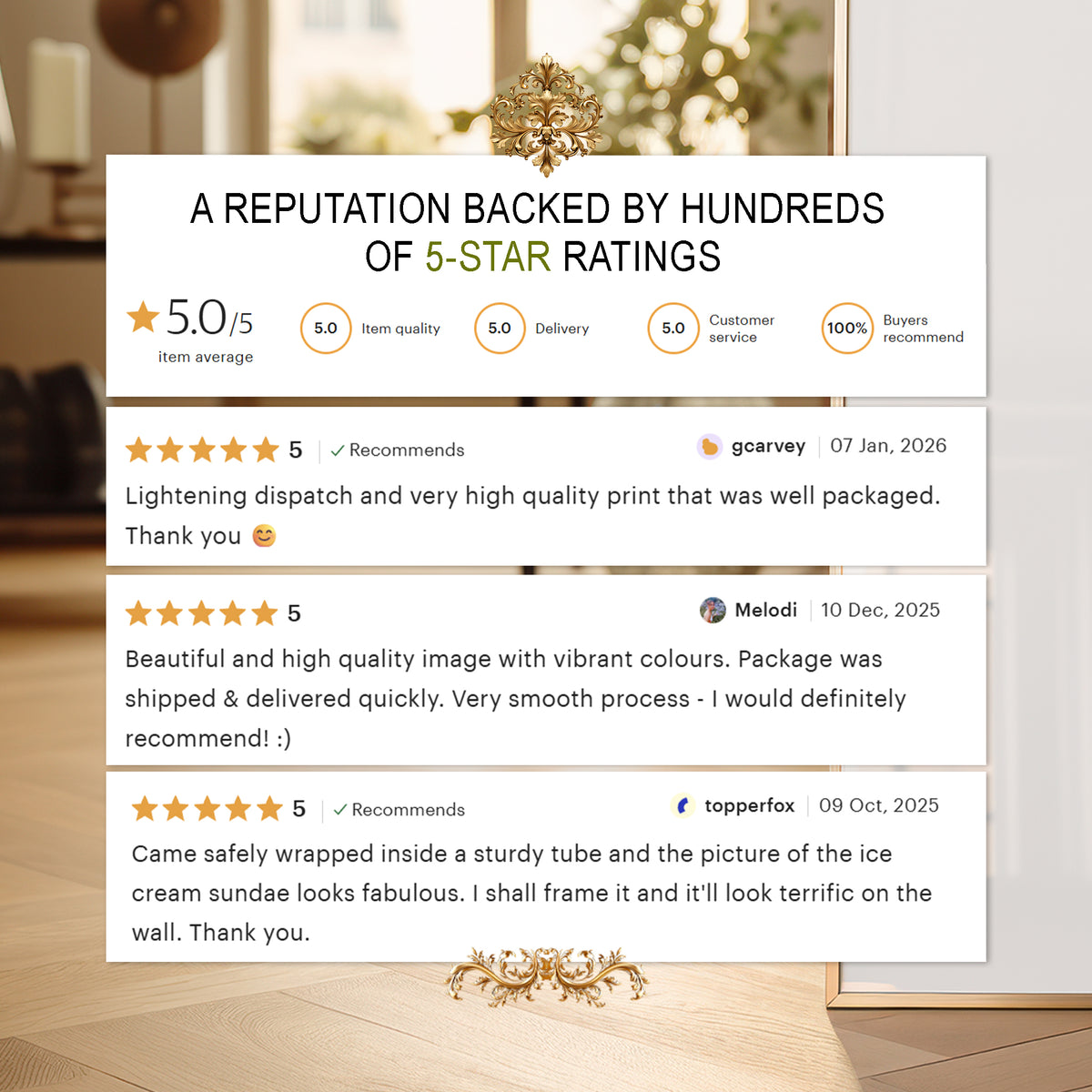 Five-star rating feedback on a framed picture with decorative elements.
