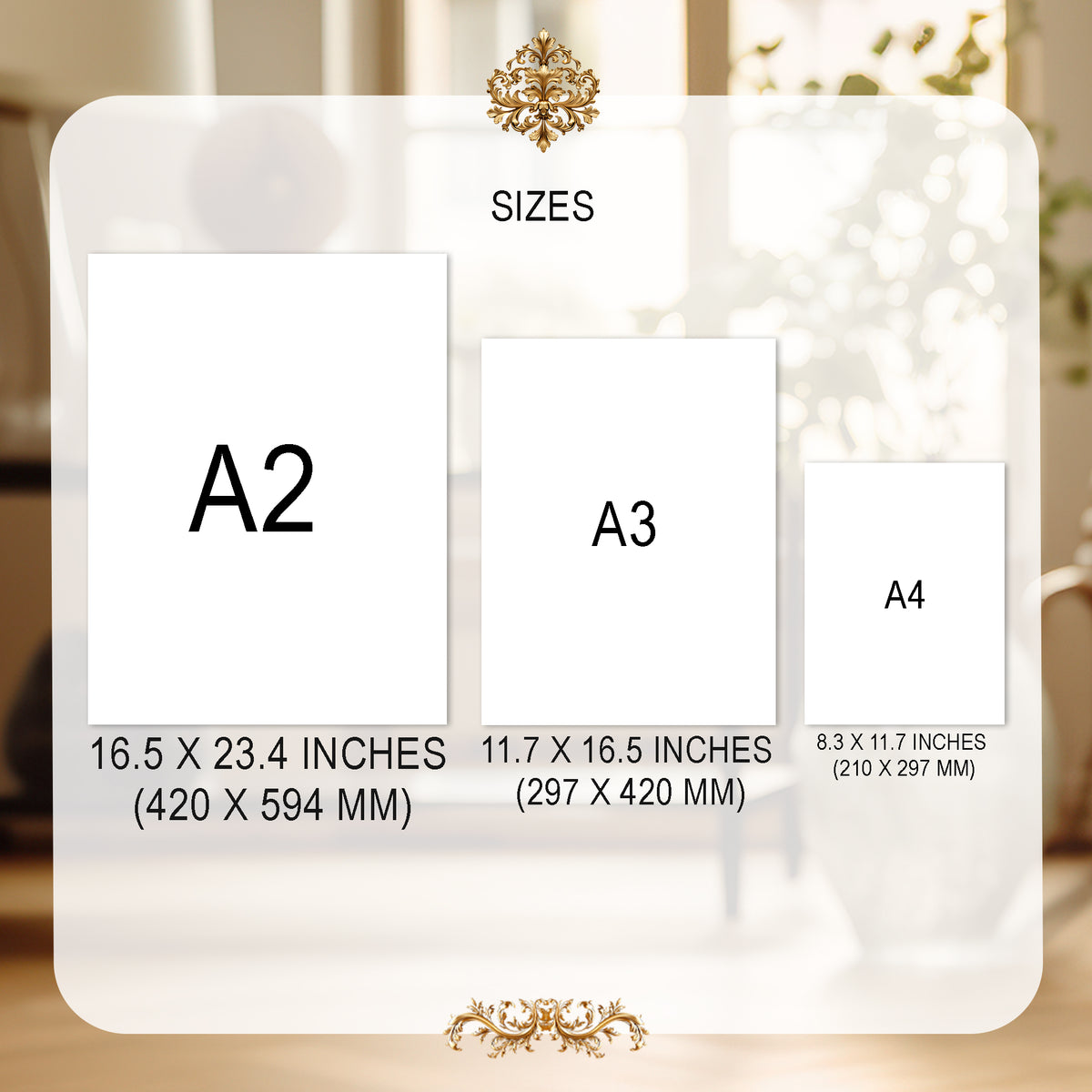 Cardboard size chart with A2, A3, and A4 dimensions displayed.